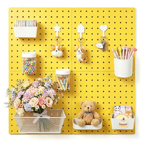 4-Pack Pegboard Wall Organizer, 11” x 11” Wall Mounted Boards with 10 Accessories, for Study Room, Kitchen, Garage, ABS Plastic, Screw or Adhesive Installation, Supports up to 110 lbs (Yellow) - color: Yellow