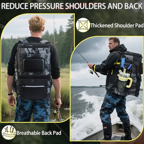 Fishing Backpack with Rod Holder, Large 50L Tackle Bag Water Resistant Tackle Backpack Heavy Duty Fishing Bag Gift for Men Woman - color: F: Gray Camo