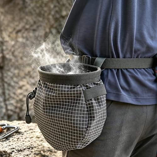 Rock Climbing Chalk Bag, 210D High-Tensile Polyethylene Durable Chalk Bag with Fleece Lining & Adjustable Belt, for Bouldering, Gym, Weightlifting - color: Black