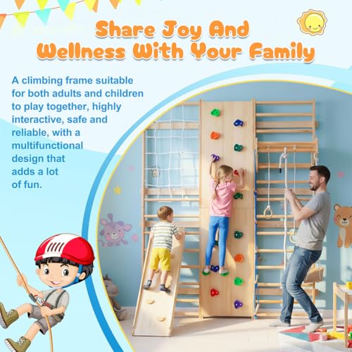 10-in-1 Swedish Ladder Wall Gym Set, Wooden Indoor Climbing Frame for Kids and Adults with Slide, Swing, Rock Climbing Wall, Gymnastic Rings, Rope Ladder, and Pull-Up Bar, Home Playground