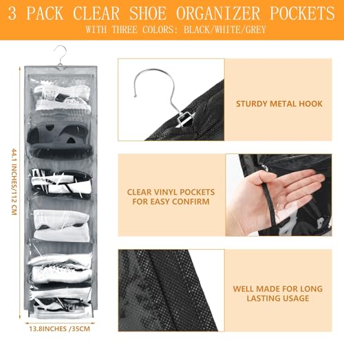 Barydat 3 Pcs Dual Sided Hanging Shoe Organizer 12 Clear Pockets Mesh Hanging Shoe Rack Holder with Rotating Hanger for Closet Storage Men Women Handbags Kids Clothing, Grey, White and Black