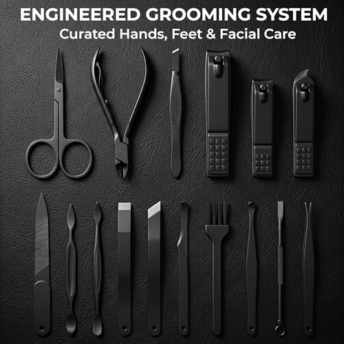 Earth & I Manicure Kit for Men: TSA Compliant Nail Clipper Grooming Set | Precision forged surgical stainless steel grooming tools. TSA-compliant satin black travel vault & premium gift box for men.