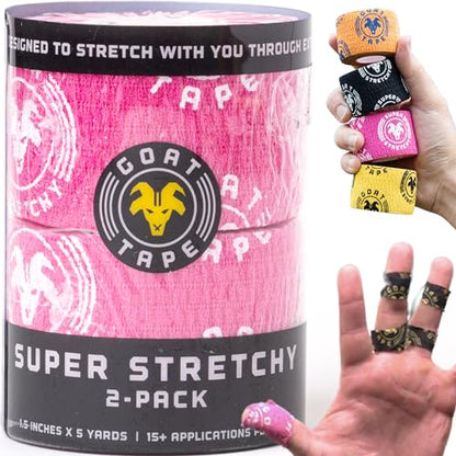 Goat Tape Super Stretchy Thumb Tape - Weightlifting Hook Grip Tape & WOD Tape for Cross Training, Gym Workout Tape, Athletic Finger Wrap - Flexes with Every Move - 15 Feet per Roll (Pink 2-Pack) - color: Pink 2-pack