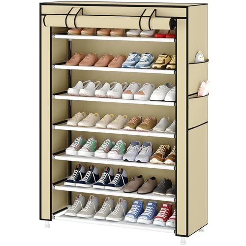 Laiensia 7-Tier Vertical Shoe Rack Organizer, Space Saving Shoe Storage Organizer, Non-Woven Cover Shoe Shelf Holds 28-35 Pairs for Bedroom, Hallway, Closet Entryway, Beige - color: Beige, size: 7-tier