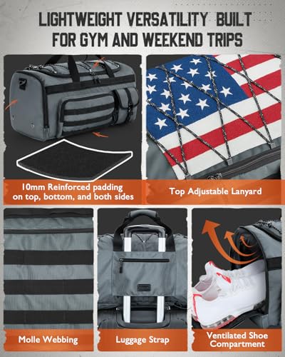 Gonex 45L Tactical Duffel Bag, 3-in-1 Gym & Travel Bag | Shoe compartment, Tactical gear loops, Water-repellent lining, 5 zip pockets, Weekend travel - color: Grey, size: 45L