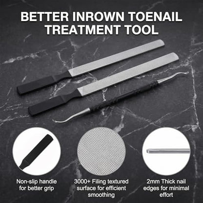 3 PCS Metal Nail File Toenail File for Thick Nails and Ingrown Relief Stainless Steel Double Sided Heavy Duty with Dual-Ended Toenail Lifter for Seniors Men Women Natural Nails Pedicure Tool