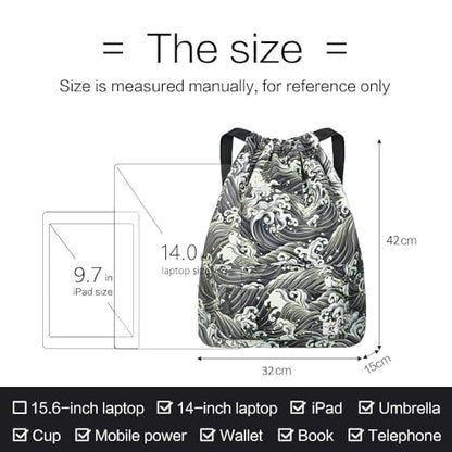Waterproof Drawstring Bag, Gym Bag Sackpack Sports Beach Backpack for Men Women - color: 03-black Wave