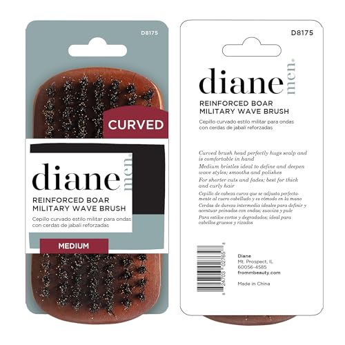 Diane Reinforced Boar Bristle Curved Military Wave Brush for Men and Barbers – Medium Bristles for Thick and Curly Hair – Use for Detangling, Smoothing, Wave Styles, Restore Shine and Texture
