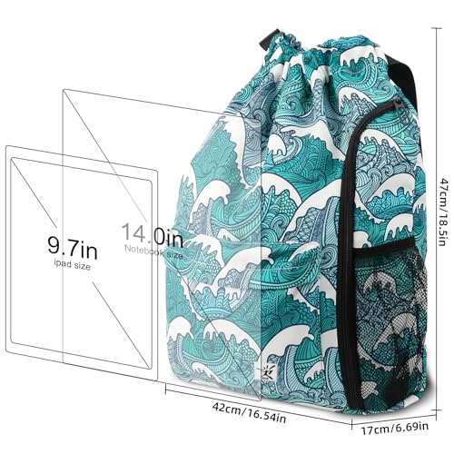 Drawstring Backpack with Mesh Pockets String Gym Bag Sackpack Sandproof Water Resistant Beach Backpack for Men Women - color: Blue Waves