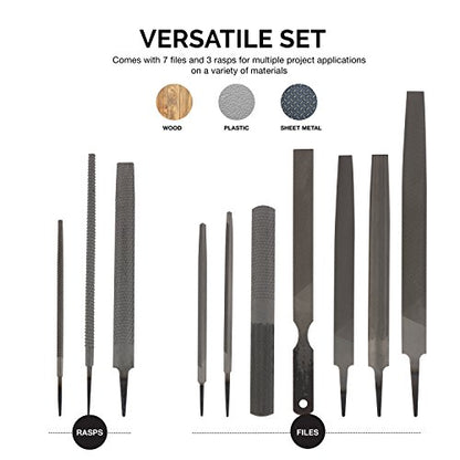 Neiko 00109A Metal File and Rasp Set | 12 Piece, 10, 8, and 6 Inch Extra Slim Flat, Half, Mill, and Round Files Set | Non Slip PVC Handle, Wood File | Heat Treated Carbon Steel Two Way File