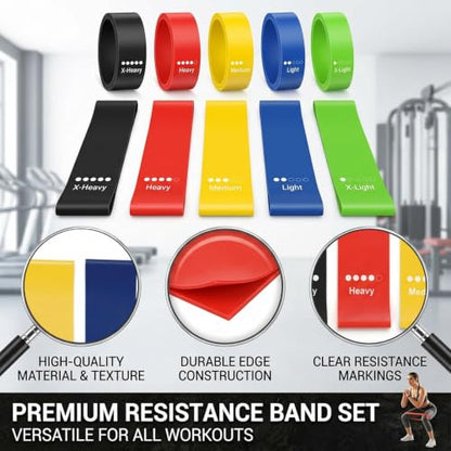 10-Piece Exercise Bands Set, 5-Level Latex Resistance Loop Bands | For Women and Men, Full-Body Workout, Pilates, Yoga, Stretching, Physical Therapy and Strength Training