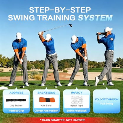 3-in-1 Golf Swing Trainer with Silicone Grip Trainer, Arm Band & Impact Tape, Golf Training Aid System for Beginners & Tempo Training for Advanced, Click Feedback, Arm Connection, Right-handed only.