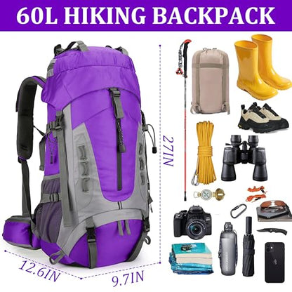 75L Hiking Backpack with Rain Cover Waterproof Camping Backpack Shoes Warehouse for Men Women, Frameless - color: Purple, size: 60L