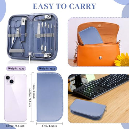 Manicure Set Professional Nail Clippers Pedicure Kit, 12 Pcs Stainless Steel Nail Care Tools Grooming Kit with Luxurious Travel Leather Case for Men Women Gift (Blue) - color: blue