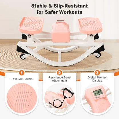 Rocking Steppers for Exercise at Home 3D Motion Stair Stepper with Resistance Bands 350 LBS Loading Capacity Exercise Equipment Low-Impact Balance Board for Full Body Workout - color: Pink