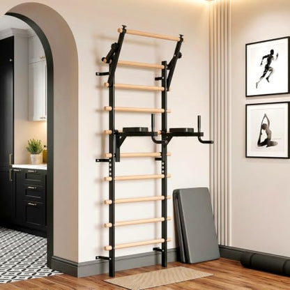 LIFERUN Swedish Ladder Wall Gym with Adjustable Pull-Up & Dip Bar | 92" Solid Beechwood, 264Lbs Capacity, Wall Mounted 9 Anchor Rods, Ideal for Home, School, Therapy & Gymnastics Training