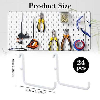 24 Pcs White L-Shaped Pegboard Hooks, 3.74 x 2.36 Inches, Compatible with IKEA Skadis Long Metal Storage Hooks for Home Office, Garage, Kitchen Tool Organization