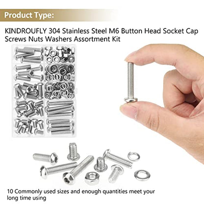 148 Pieces M6 x 10/12 /16/20 /25/30 /35mm Button Head Socket Cap Screws Nuts Washers Assortment Kit, 304 Stainless Steel, Fully Machine Thread - size: M6, style: Button Head