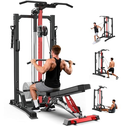 Pull Up Bar Power Tower Dip Station with Cable Machine, 450LB Home Gym | Pull up bar, dip station and 16-position cable system for pull ups, dips, lat pulldowns, rows and full-body training - color: Black01