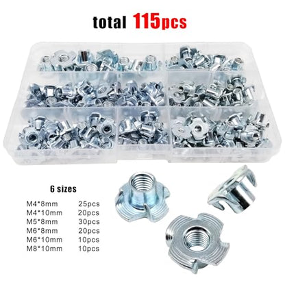 T-Nuts 2Box/230pcs M4 M5 M6 M8 Thickened Steel Four Claws Speaker Nut Blind Pronged Insert T-nut Wood Furniture Nut Assortment Kit Set for Wood, Rock Climbing Holds