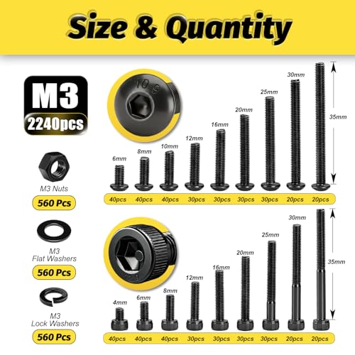 Kadrick M3 Screws Assortment Kit, 2240 Pcs - Hex Socket Button & Cap Head Metric M3 Bolts, 4-35mm Length with Nuts, Washers & Hex Key, 10.9/12.9 Grade Alloy Steel Screws for 3D Printer, DIY, RC Car - size: M3 2240Pcs 4-35mm