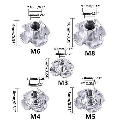 120 Pcs M3 M4 M5 M6 M8 Zinc Plated Carbon Steel T-Nuts Four Claws Nut Assortment Kit for Wood, Rock Climbing Holds, Cabinetry, Furniture