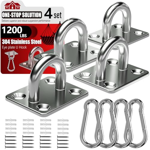 sprookber 304 Stainless Steel Pad Eye Snap Hooks, M8 Heavy Duty Ceiling Hooks, 1200 lb Capacity Hammock Swing Hanging kit, Plant Hangers, Marine Hardware Staple Hook Loop with Screws, Set of 8 - size: 3.15 inch, style: Square