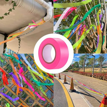 6 Pack Pink Flagging Tape, Non-Adhesive Plastic Ribbon Neon Marking Roll | 1inch*600ft, Marking Tape for Tree Marking, Hunting, Boundaries and Hazardous Areas,Trail Marking - color: Pink