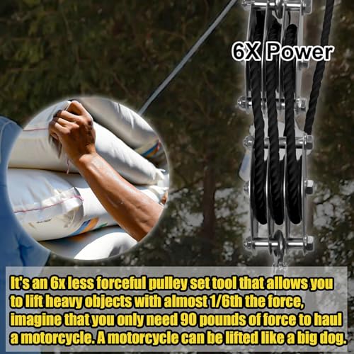 Rope Pulley Hoist Multifunctional 2200 LBS Breaking Strength | 3/8 Rope for Lifting Hoisting Rigging Garage Shop Hunting Farm Construction Industrial Warehouse Marine Overhead Recovery - color: Black.