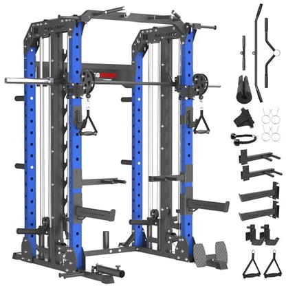 Smith Machine, 2600LBS Squat Rack, 7-in-1 Home Gym Cage with Adjustable Safety Bars, Pull-Up & LAT Pulldown - color: Blue, size: P107 Only Smith Machine