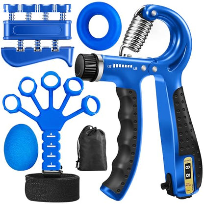 Grip Strength Trainer Kit (5 Pack) Adjustable Resistance Hand Gripper,Finger Exerciser,Hand Extension Exerciser,Stress Relief Ball and Forearm Workout Ring for Muscle Building Injury Recover - color: Blue