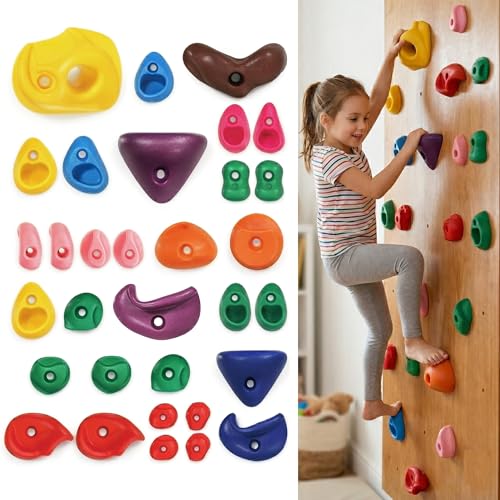 32-Piece Rock Climbing Holds for Kids with Hardware, Multicolor | OUNPLEXAR Textured resin grips for indoor or outdoor playsets and home walls; M10 hardware fits boards up to 1.25 in thick - color: 32 Pcs - Multicolor