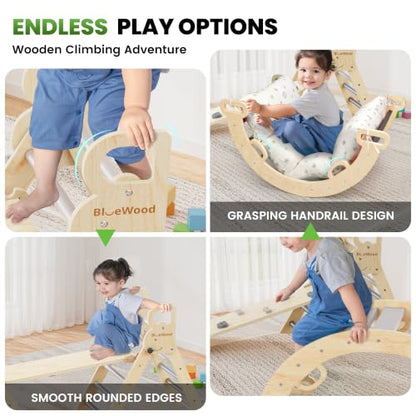 BlueWood Pikler Triangle Set with Cushion, 8-in-1 Climbing Toys for Toddlers, Montessori Philosophy Play Jungle Gym with Arch, Ramp, Ladder(Elegant Gray) | Foldable 8-in-1 Montessori Philosophy Toddler Climbing Toys Indoor with Reversible Ramp, Arch and L