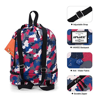 Dry Wet Drawstring Backpack with Shoe Compartment for Women Adjustable Gym Bag - color: Camouflage