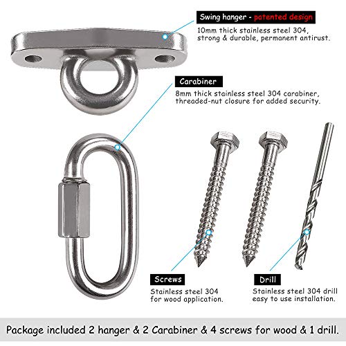 Of2 Heavy Swing Hangers Stainless Steel 304 Rust-Proof Playground Porch Yoga seat Hanger Swing Hammock Chair Suspension kit Indoor and Outdoor 2000 pounds Capacity 2 carabiners - color: Silver-2