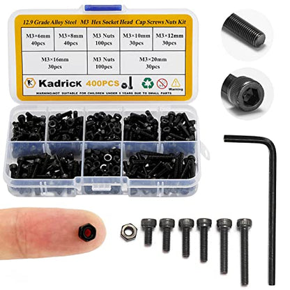 Kadrick M3 Screw Assortment Kit 400PCS, Hex Socket Cap Screws with Nuts & Allen Wrench, 12.9 Grade Alloy Steel, Black Zinc Plated, Ideal for 3D Printing, DIY, RC & Electronics - size: M3 400Pcs
