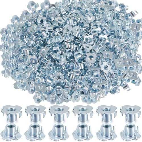 400 Pcs T-Nuts 3/8"-16, Zinc-Plated Steel Corrosion Resistant, 7/16" Barrel Length, 4-pronged Climbing Wall Tee Nut for Rock Climbing Holds, Wood, Cabinetry (Blue Zinc) - color: Blue Zinc