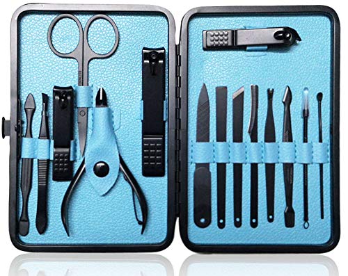 Nail Clippers Sets High Precisio Stainless Steel Nail Cutter Pedicure Kit Nail File Sharp Nail Scissors and Clipper Manicure Kit Fingernails & Toenails with Portable Stylish case (Blue 15-piece) - color: Blue 15-piece