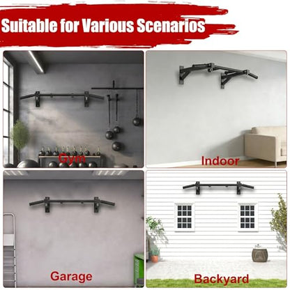 Upgrade Wall Mount Pull Up Bar, Heavy Duty Steel PullUp Bar Fits 24'' Wood Studs, Multi Grip Pull Up Bar with Ball Finger & Round Rings, for Home Gym Garage Basement Strength Training Chin Up Bar