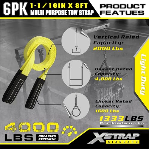 XSTRAP STANDARD 6PK 1"x8' Lift Sling Straps Wear Guard End Heavy Duty Strap | 4,000 lbs Break Strength Lifting Straps with 2 Reinforced Loops for Tree Saver Lifting Furniture Appliances Machine, hoisting - style: 6pk 1''x8ft