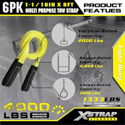 XSTRAP STANDARD 6PK 1"x8' Lift Sling Straps Wear Guard End Heavy Duty Strap | 4,000 lbs Break Strength Lifting Straps with 2 Reinforced Loops for Tree Saver Lifting Furniture Appliances Machine, hoisting - style: 6pk 1''x8ft