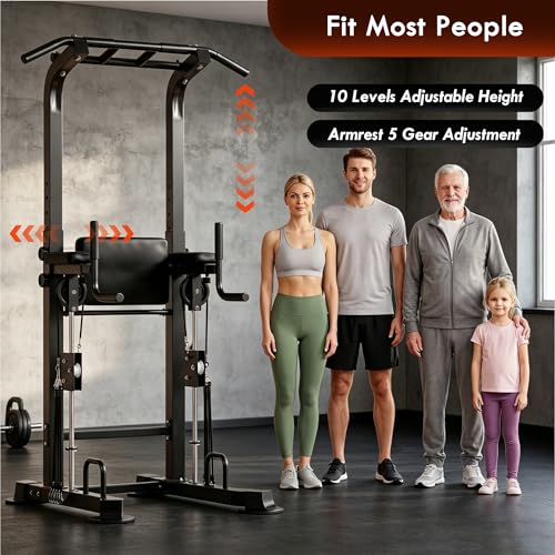 SogesPower Power Tower Multi-Function Pull Up Bar Station for Home Gym | 10-Level Height& 5-Level Armrest Adjustable,2-IN-1 Assisted Pad,Pull Up Dip Station Strength Training Workout Equipment - color: Black