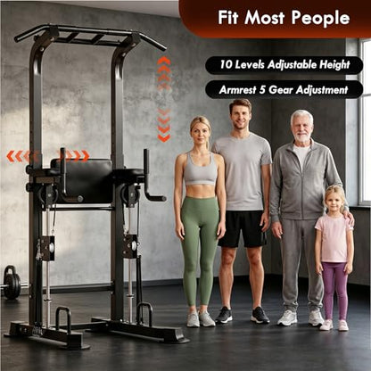 SogesPower Power Tower Multi-Function Pull Up Bar Station for Home Gym | 10-Level Height& 5-Level Armrest Adjustable,2-IN-1 Assisted Pad,Pull Up Dip Station Strength Training Workout Equipment - color: Black