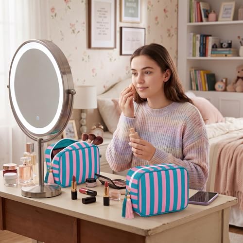 Kacctyen 6 Pack Blue and Pink Striped Makeup Bag bulk with Tassel Travel Cosmetic Pouch Organizer Large Zipper Toiletry Case for Women Aesthetic Storage Pouch Mahjong Tile Bag - color: Blue and Pink
