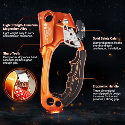 UIAA & CE Certified Rope Ascender Aluminum Alloy Rock Climbing Gear Strong Rigging Rappelling Equipment for Rock Tree Climbing Arborist Rescue Mountaineering Caving - color: Right Hand Orange 1