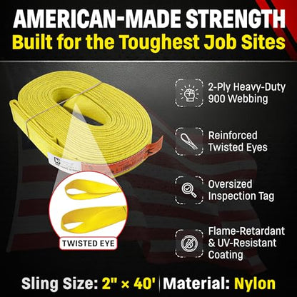 DD Sling 2" × 40' Nylon Lifting Sling – USA Made, 6,400 lb Vertical, 5,100 lb Choker, 12,800 lb Basket – 2-Ply Heavy Duty 900 Webbing, Type 4 Twisted Eye & Eye Rigging Sling - size: 2inX40ft