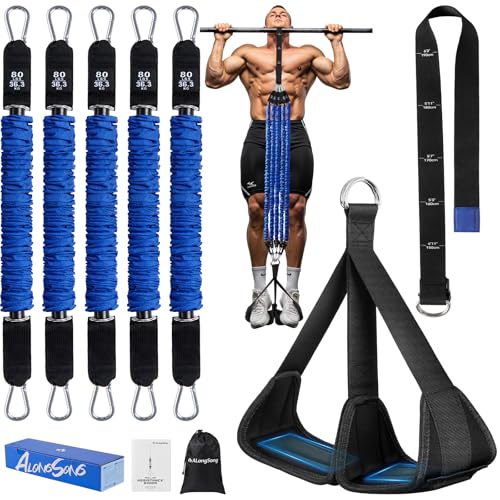 ALongSong Pull Up Assistance Bands with Foot Support Pedal - Upgraded Heavy Duty Resistance Bands Adjustable Weight/Height with 80Lbs Bands&Measured Strap for Strength Training Home Gym - color: Blue, size: 5 Bands with 80lbs