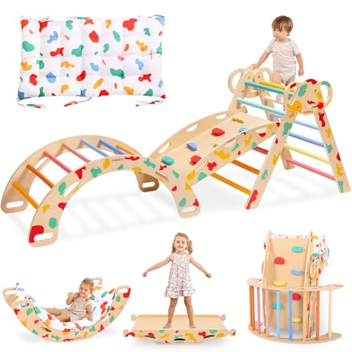 WINGYZ Pikler Triangle Set, Montessori 8-in-1 Foldable Climbing Set | Reversible Animal Slide, Patent-Protected Jungle Gym, Safe 2.35in Gap, ASTM F963 Standards for Toddlers 18M-5Y, Rainbow - color: Rainbow