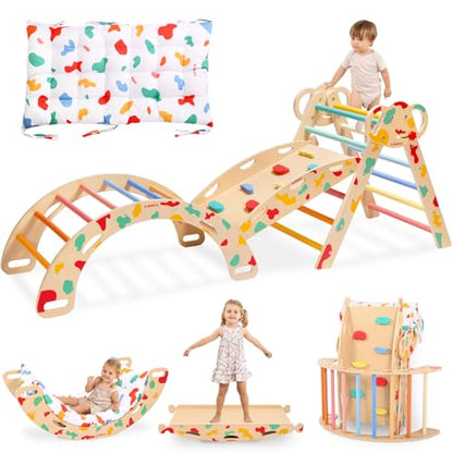 WINGYZ Pikler Triangle Set, Montessori 8-in-1 Foldable Climbing Set | Reversible Animal Slide, Patent-Protected Jungle Gym, Safe 2.35in Gap, ASTM F963 Standards for Toddlers 18M-5Y, Rainbow - color: Rainbow