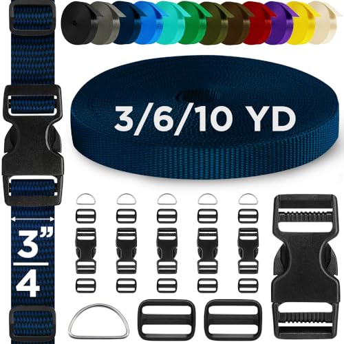 TECEUM 3/4" Nylon Strap Kit with Buckles, Navy Blue 6 yards Repair Set | Heavy duty hardware kit: 6yd webbing, 6 quick release buckles, 12 tri-glide slide clips, 6 metal D-rings for crafting. - color: Navy Blue, size: 3/4" - 6 yards, style: 6 Buckle - 12